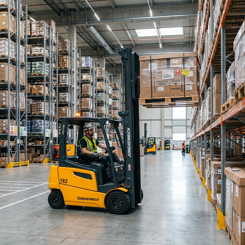 Forklift loading wholesale pallet onto freight shipping container